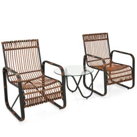 3 Pieces Patio Rattan Furniture Set with 2 Single Wicker Chairs and Glass Side Table