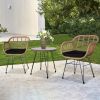 Oshion 3 pcs Wicker Rattan Patio Conversation Set with Tempered Glass Table Flaxen Yellow