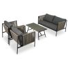 4-Piece Rope Sofa Set with Thick Cushions and Toughened Glass Table, All-Weather Patio Furniture Set For 4 Person With Loveseat