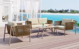 4-Piece Rope Sofa Set with Thick Cushions and Toughened Glass Table, All-Weather Patio Furniture Set For 4 Person With Loveseat