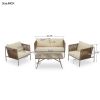 4-Piece Rope Sofa Set with Thick Cushions and Toughened Glass Table, All-Weather Patio Furniture Set For 4 Person With Loveseat