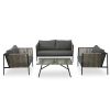 4-Piece Rope Sofa Set with Thick Cushions and Toughened Glass Table, All-Weather Patio Furniture Set For 4 Person With Loveseat